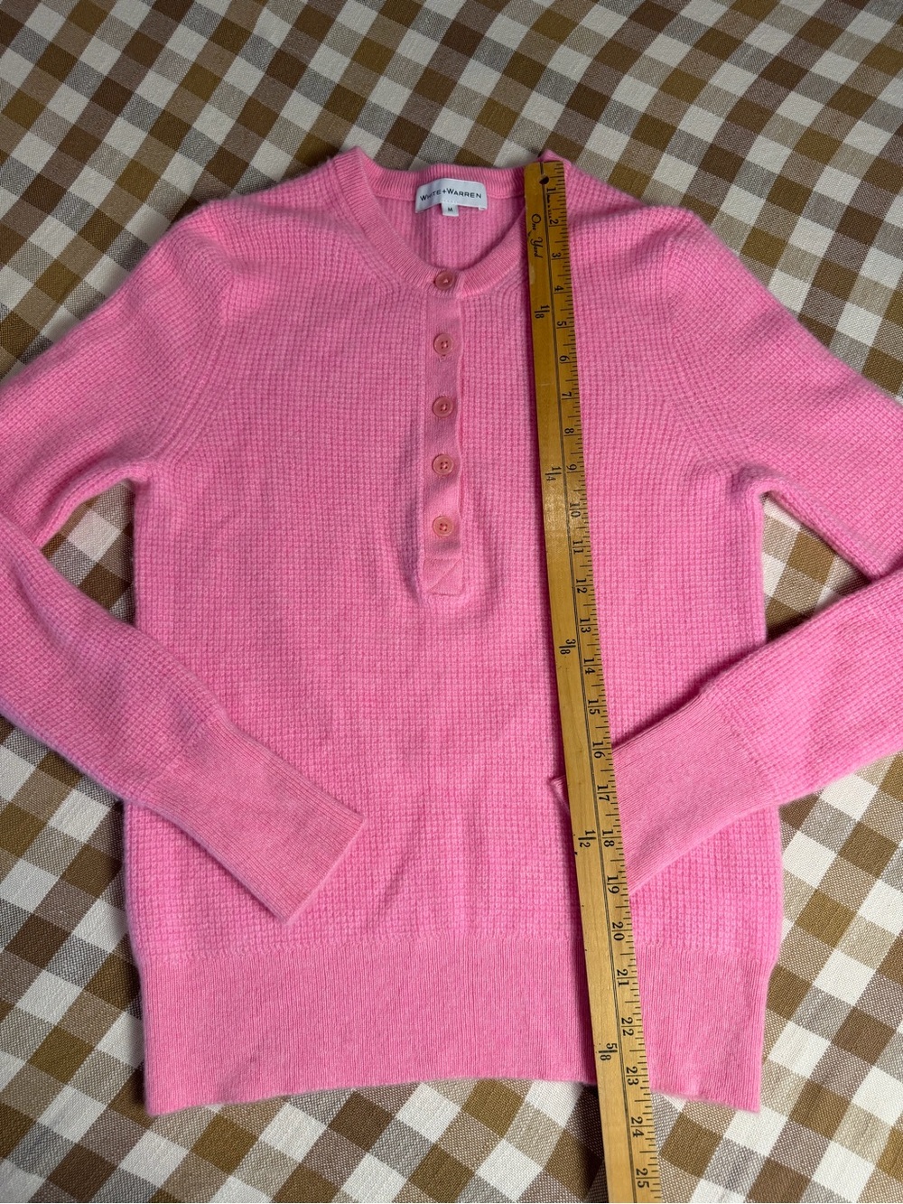 White + Warren 100% Cashmere Pink Waffle Knit Henley Sweater M - Picture 4 of 10